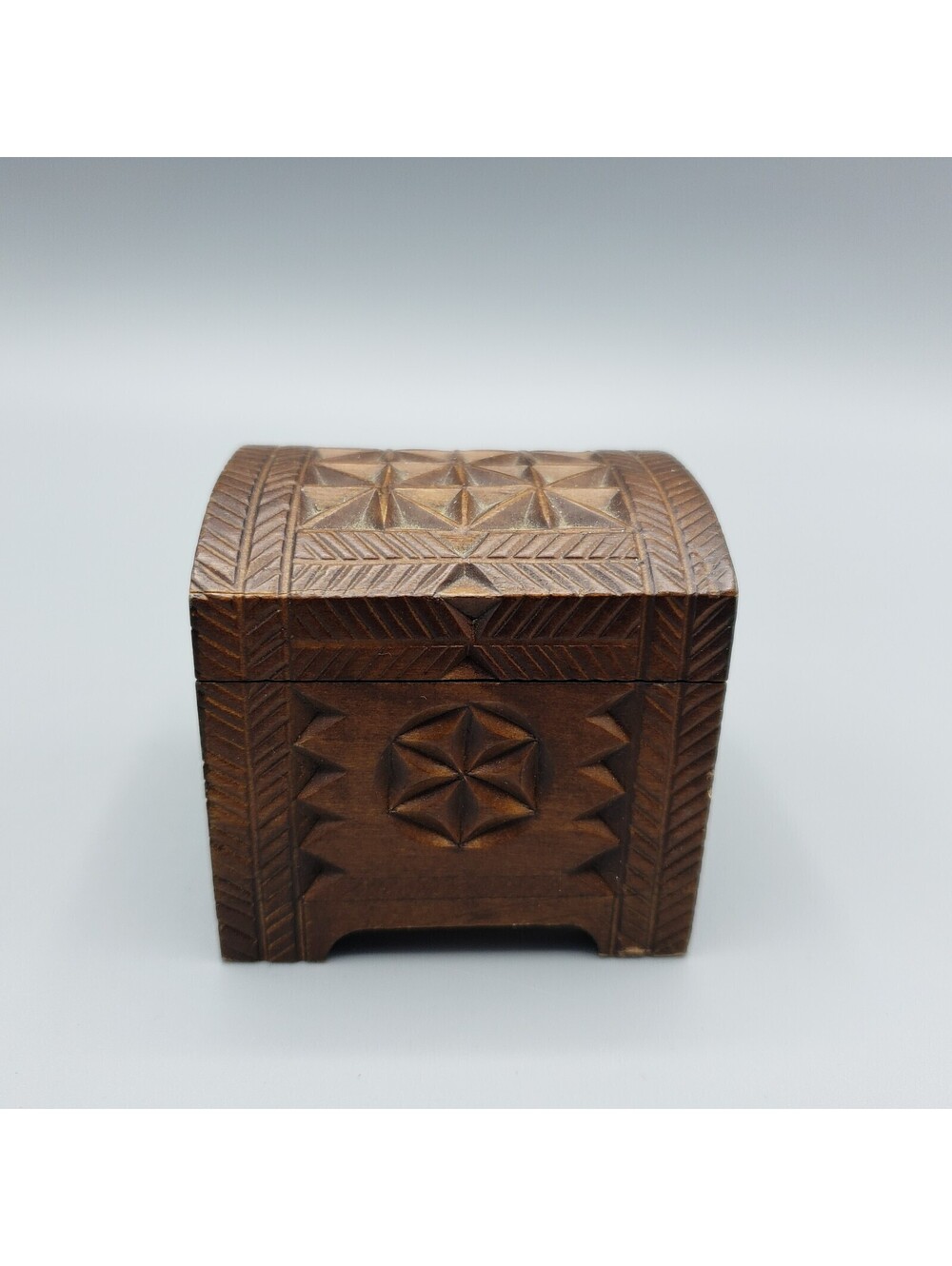 Hand Carved Wood Trinket Box Made in Poland Hinged Lid Square Footed Polish
